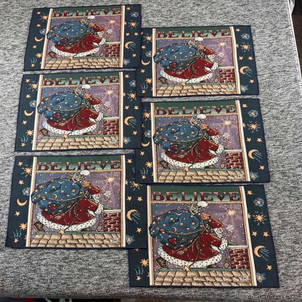 Vintage Mary Engelbreit Believe Santa Christmas Tapestry Placemats Set of 6